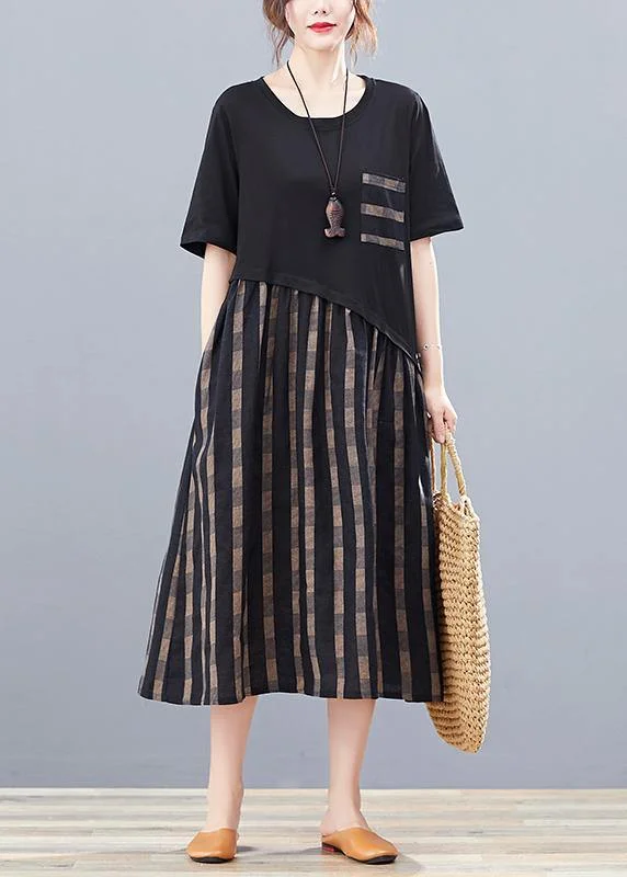 Simple black patchwork plaid cotton clothes o neck Traveling summer Dresses
