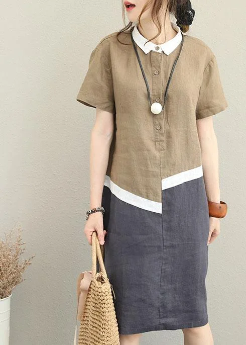 Unique khaki linen dress lapel patchwork cotton Dress