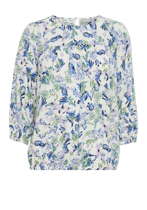 Fransa Floral Elasticated Hem Top, White Multi