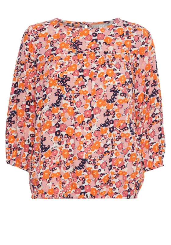Fransa Floral Elasticated Hem Top, Orange & Pink