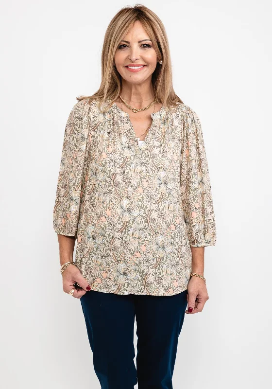 Soyaconcept Floral Notch Neck Top, Beige Multi