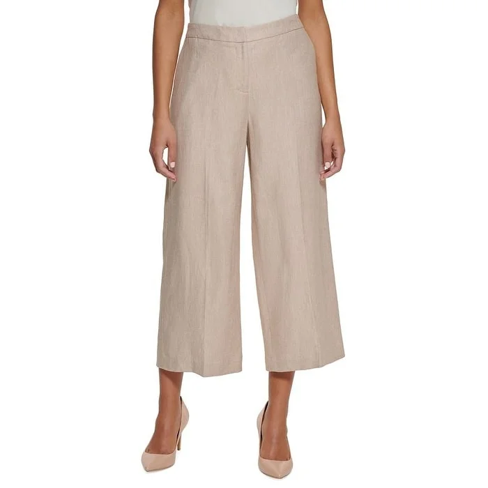 Calvin Klein Women's Linen Cropped Wide Leg Pants Brown Size 8P