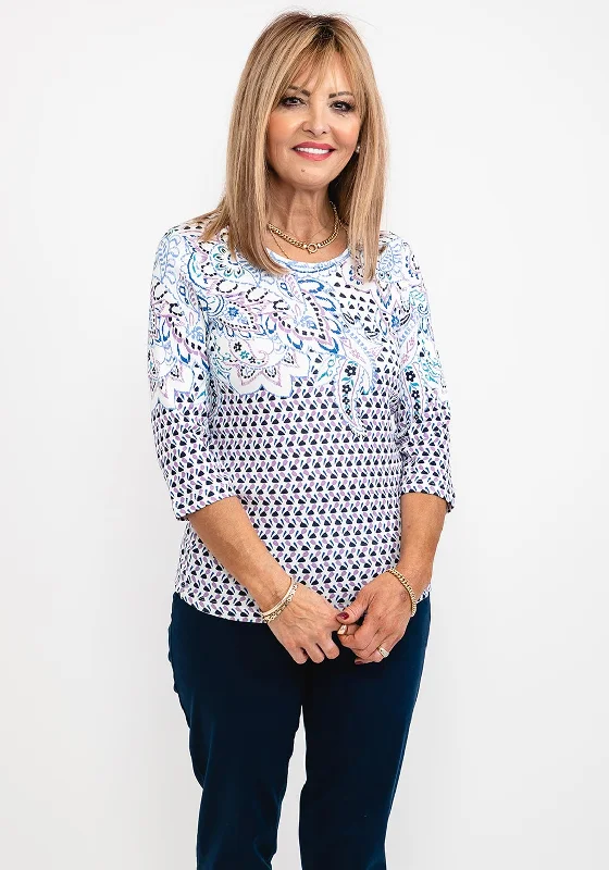 Olsen Paisley Outline & Petal Print T-Shirt, Cornflower Multi