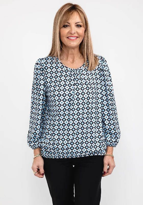 Leon Collection Geometric Print Top, Blue Multi