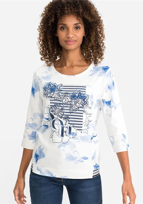 Olsen Floral & Rhinestone Top, White & Cornflower