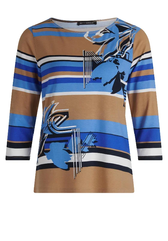 Betty Barclay Stripe & Print T-Shirt, Blue & Tan Multi