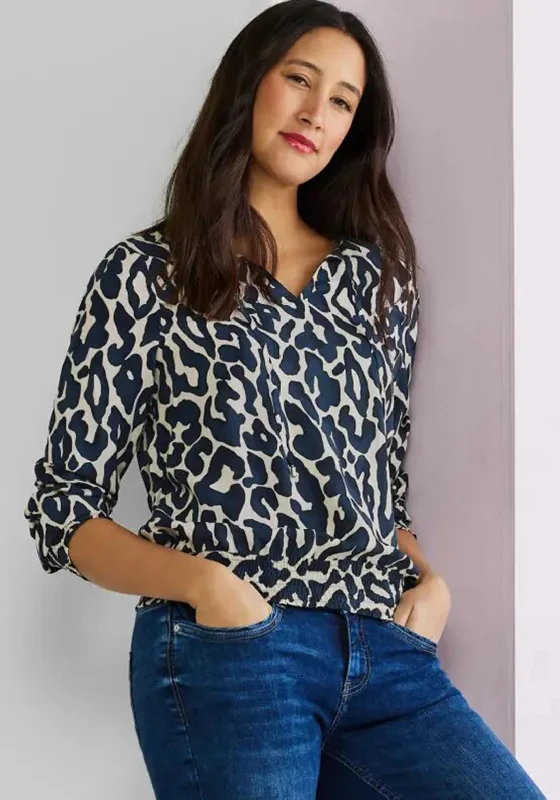 Street One Leopard Print Tie Neck Top, Deep Blue