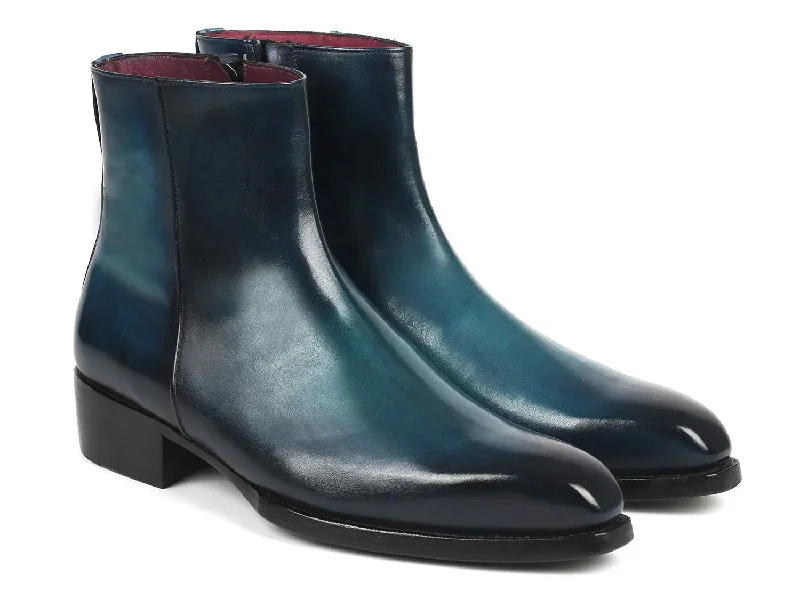 Paul Parkman Side Zipper Boots Goodyear Welted in Blue Burnished