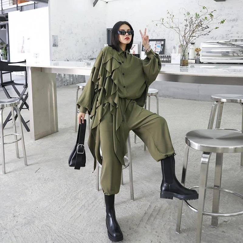 Retro Women Ruffles Top&Loose Pants