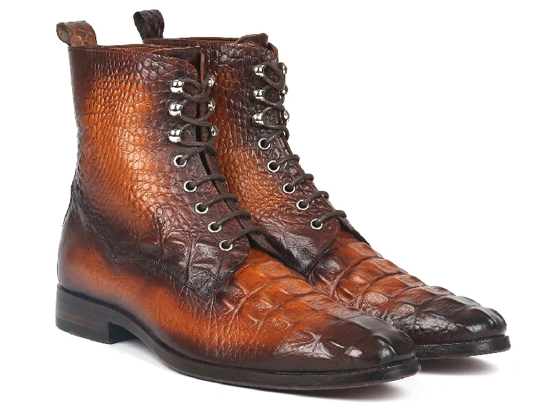 Paul Parkman Men's Croco-Embossed Leather Lace-Up Boots in Brown