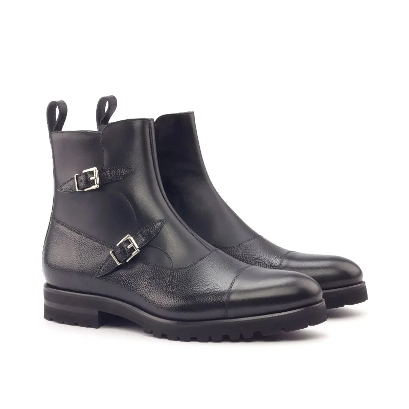 DapperFam Octavian in Black Men's Italian Leather & Italian Pebble Grain Leather Buckle Boot