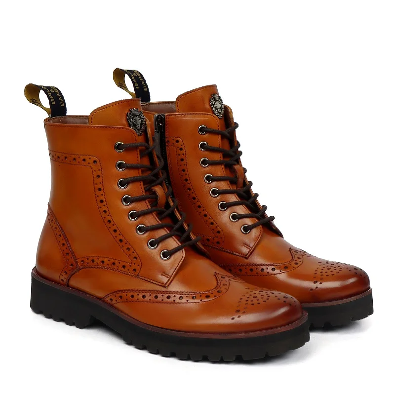 Wingtip Full Punching Brogue Men's Boots in Tan Leather Light Weight By Brune & Bareskin Wingtip Full Punching Brogue Men's Boots in Tan Leather Light Weight By Brune & Bareskin