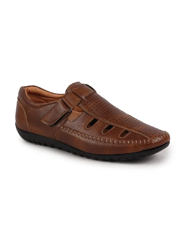 Men Tan Laser Cut Perforated Shoe Style Roman Sandal|Adujstable Hook & Loop Stitched Pull On Sandal Men Tan Laser Cut Perforated Shoe Style Roman Sandal|Adujstable Hook & Loop Stitched Pull On Sandal