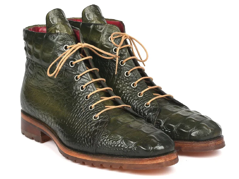 Paul Parkman Men's Croco-Embossed Leather Boots in Green