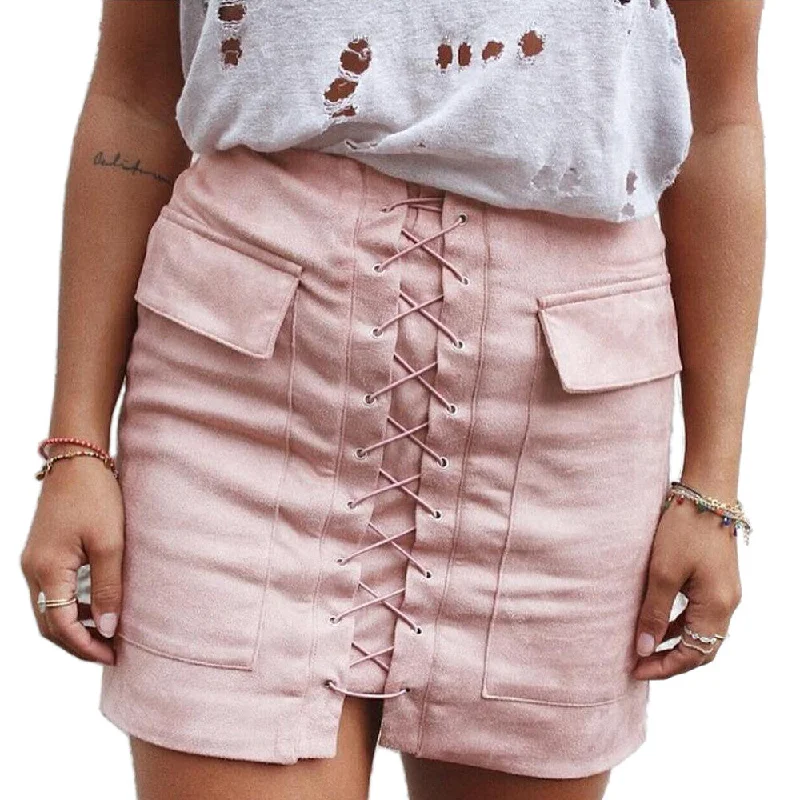 Slim High Waist Lace Up Suede Skirt