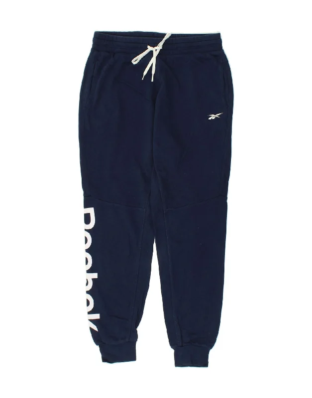REEBOK Mens Graphic Tracksuit Trousers Joggers Small Navy Blue Cotton
