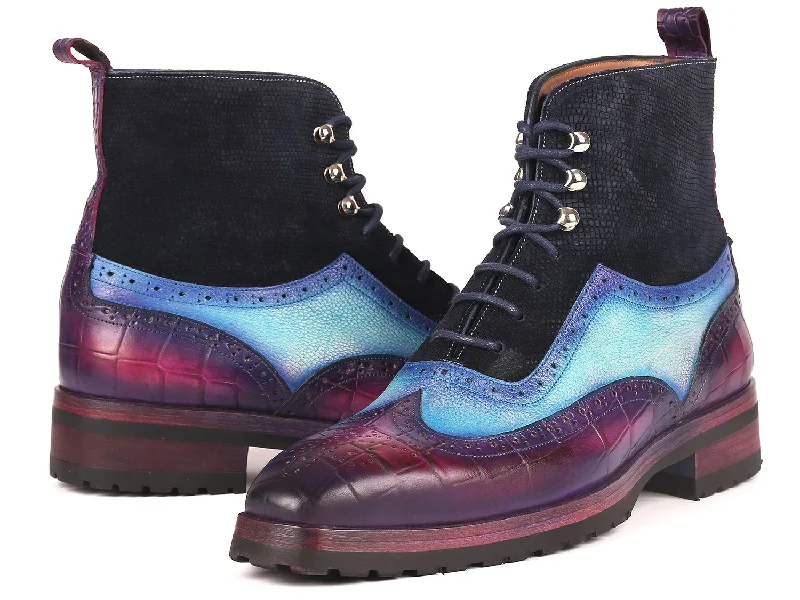 Paul Parkman Men's Wingtip Rubber Sole Boots in Purple, Light Blue & Navy