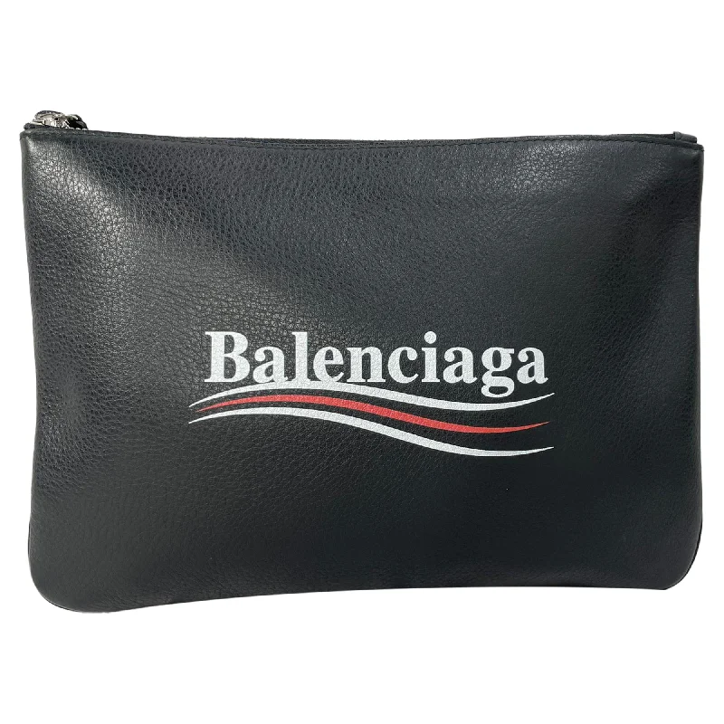 Balenciaga Logo Campaign Print Zipped Pouch bag in Black Leather