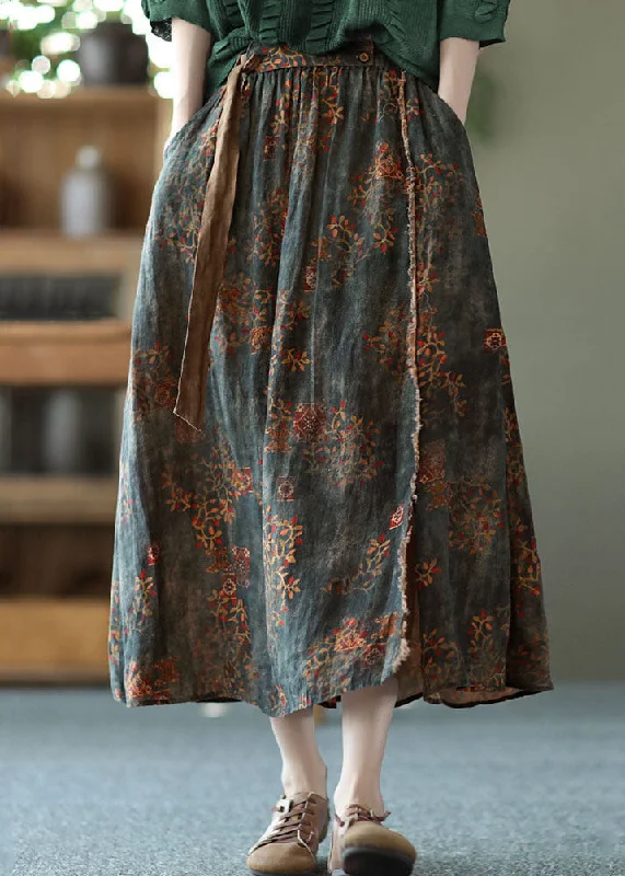 Women Blackish Green Wrinkled Pockets Patchwork Linen Skirts Summer