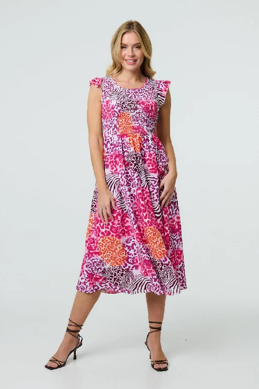 Animal Print Cap Sleeve Smocked Midi Dress