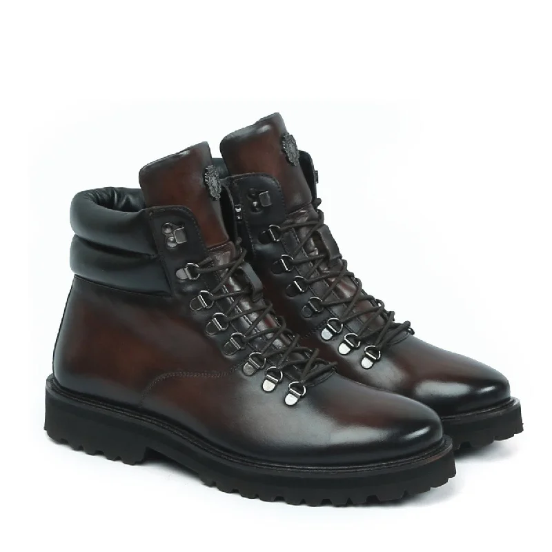 Men's Biker Boot in Dark Brown Leather With Metal Lion