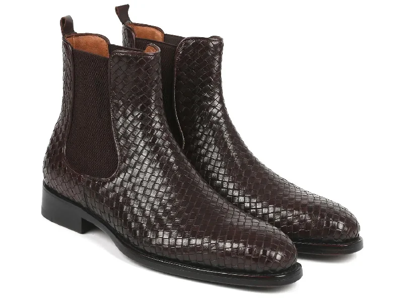 Paul Parkman Men's Woven Leather Chelsea Boots in Chocolate Brown