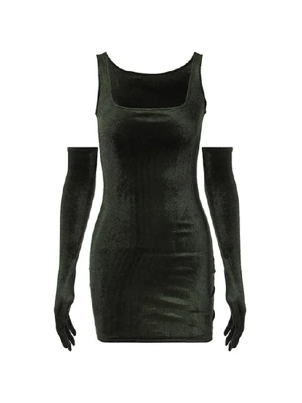 Solid Square Neck Velvet Mini Dress