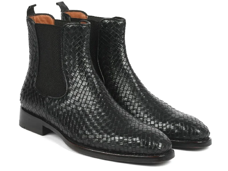 Paul Parkman Men's Woven Leather Chelsea Boots in Black