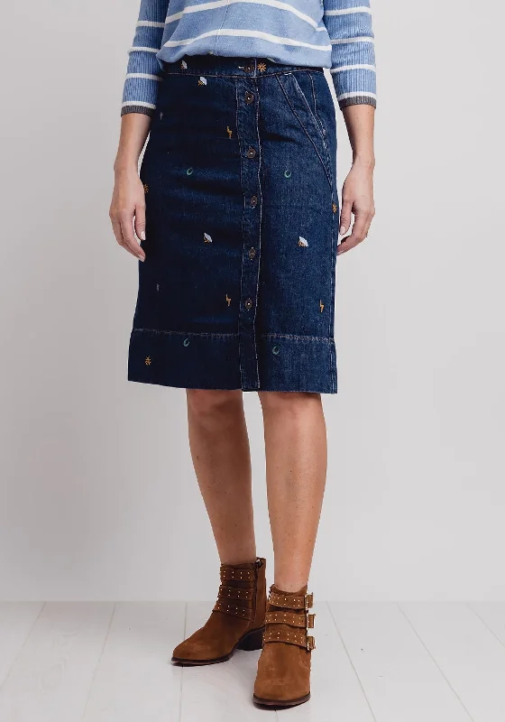 White Stuff Tint Embroidered Denim Skirt, Navy