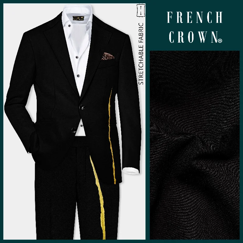 Jade Black Stretchable Wool Rich Hand Painted Designer Suit