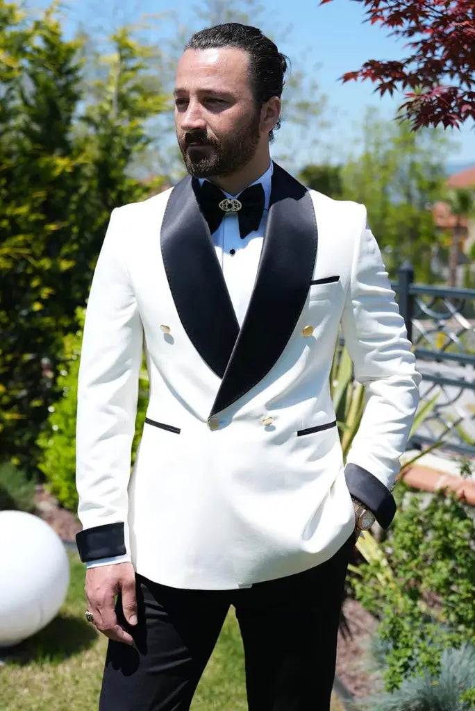 Premium White Double Breasted Tuxedo Two Piece Formal Wedding Coat Pant Classic For Him Premium White Double Breasted Tuxedo Two Piece Formal Wedding Coat Pant Classic For Him