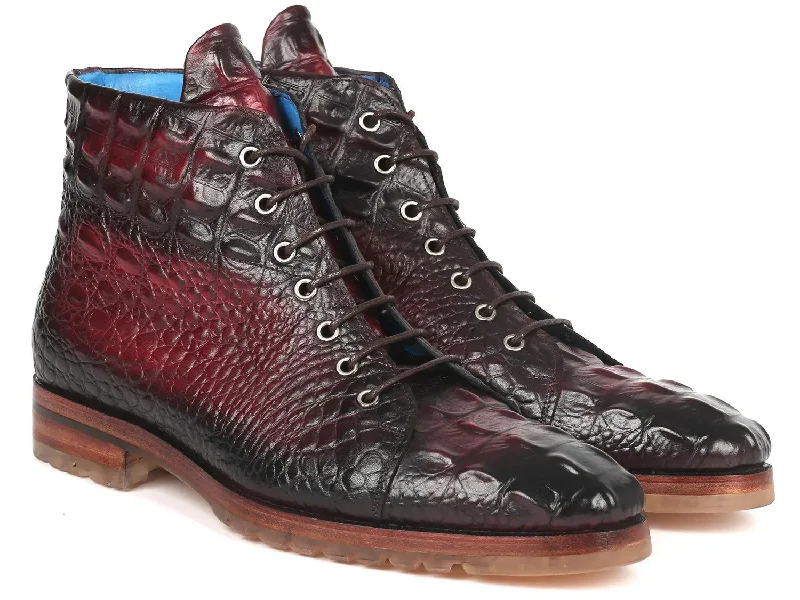Paul Parkman Men's Croco-Embossed Leather Boots in Bordeaux