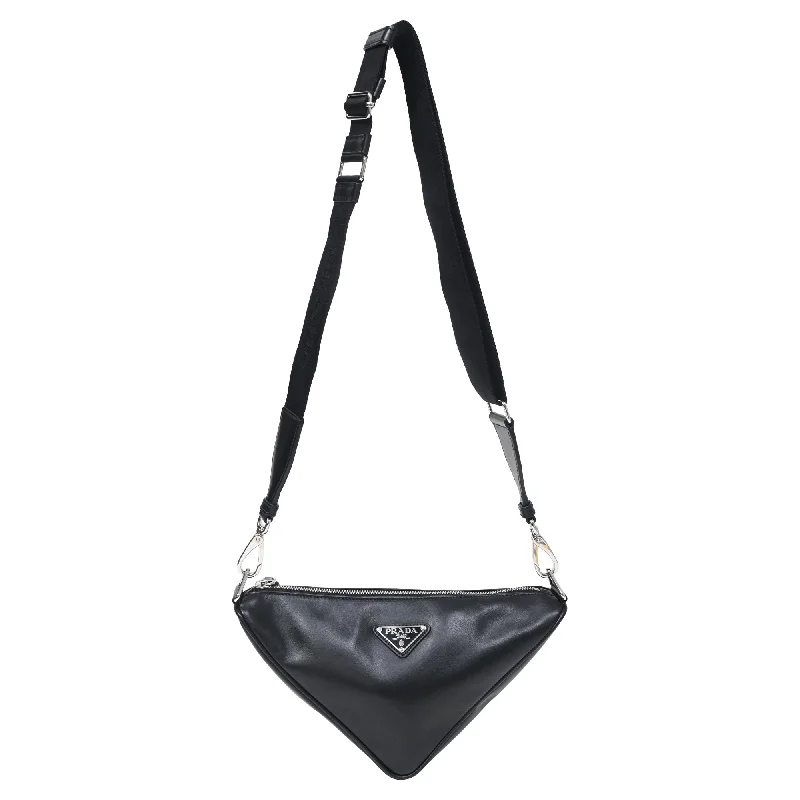 Prada Softy Triangle Shoulder Bag in Black Calfskin Leather