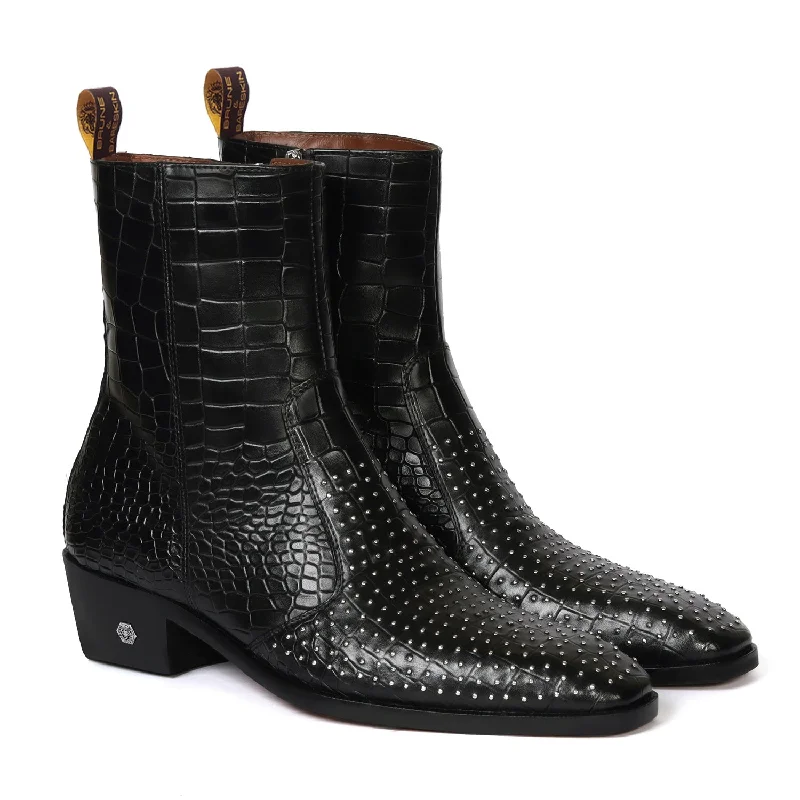 Metal Fleck High Ankle Stitched Black Boot in Deep Cut Leather with Cuban Heel Zip Closure By Brune & Bareskin Metal Fleck High Ankle Stitched Black Boot in Deep Cut Leather with Cuban Heel Zip Closure By Brune & Bareskin