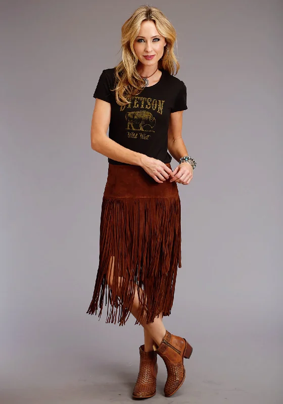 Stetson Womens Brown Leather Lamb Suede Fringe Skirt 12