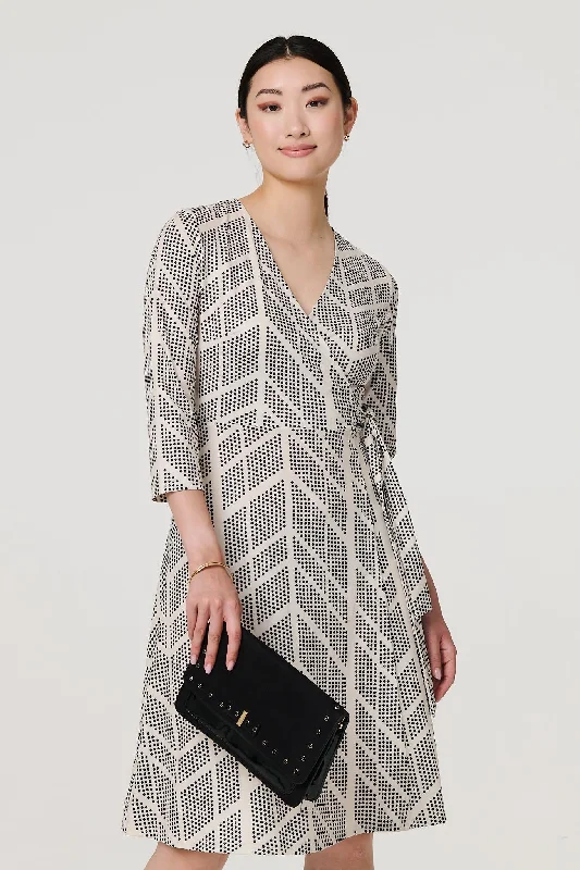 Printed 3/4 Sleeve Knee Length Wrap Dress
