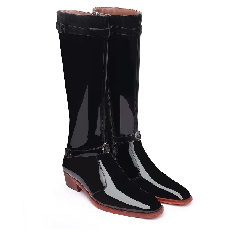 Knee Hight Cuban Heel Boots with Zip Closure Black Patent Leather For Men by Brune & Bareskin Knee Hight Cuban Heel Boots with Zip Closure Black Patent Leather For Men by Brune & Bareskin