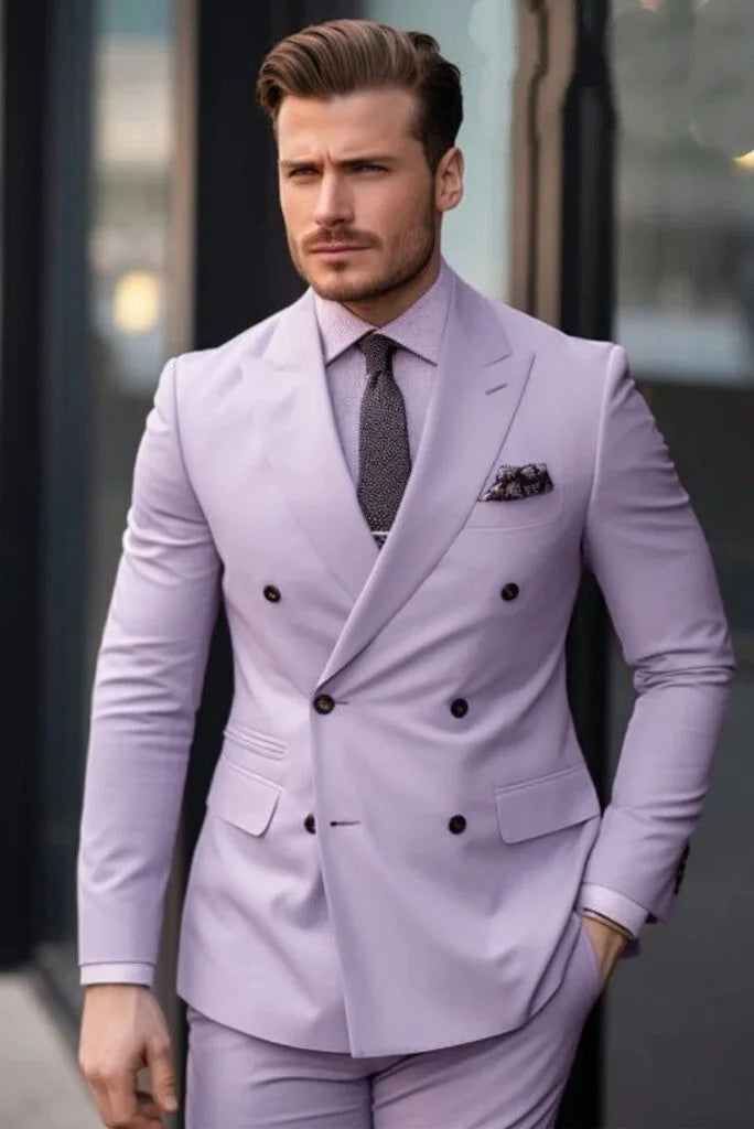 Men's Double Breasted Lavender Suit Prom Wear Formal Fashion Suit Wedding Suit Elegant Wear bespoke mens Men's Double Breasted Lavender Suit Prom Wear Formal Fashion Suit Wedding Suit Elegant Wear bespoke mens