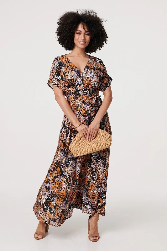 Animal Print Tie Waist Kimono Maxi Dress