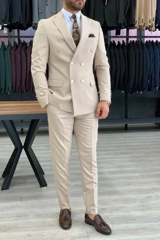 Double Breasted Beige Suit For Mens Slim Fit Suit Wedding Suit Elegant 2 Piece Suit Bespoke Double Breasted Beige Suit For Mens Slim Fit Suit Wedding Suit Elegant 2 Piece Suit Bespoke