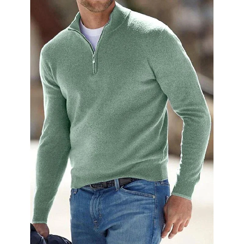Men's Sweater Jumper Pullover Ribbed Knit Cropped Zipper Knitted Solid Color
