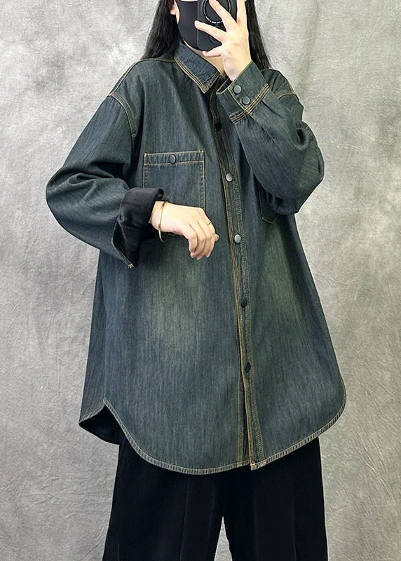 Original 2025 New Grey Blue Denim Shirt Top Spring