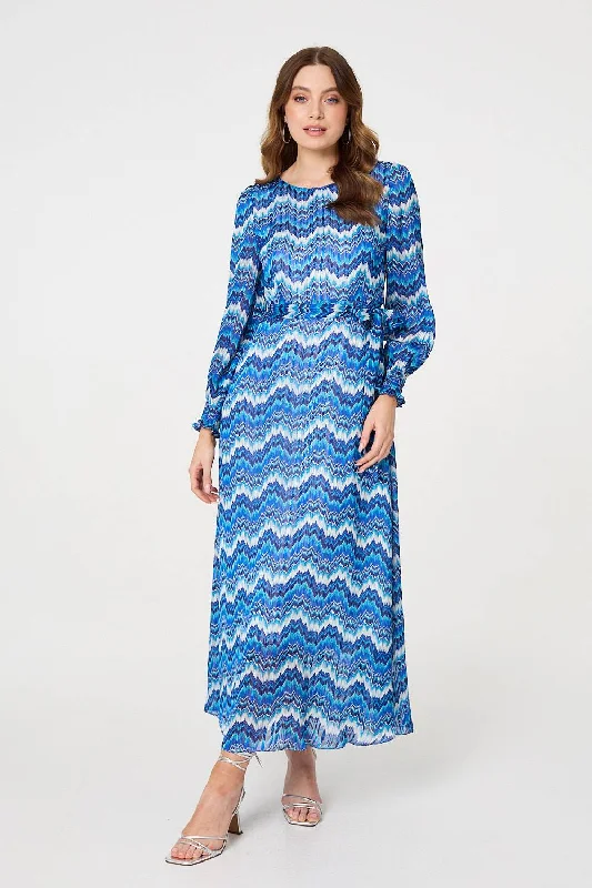 Printed Long Sleeve Tie Waist Dress