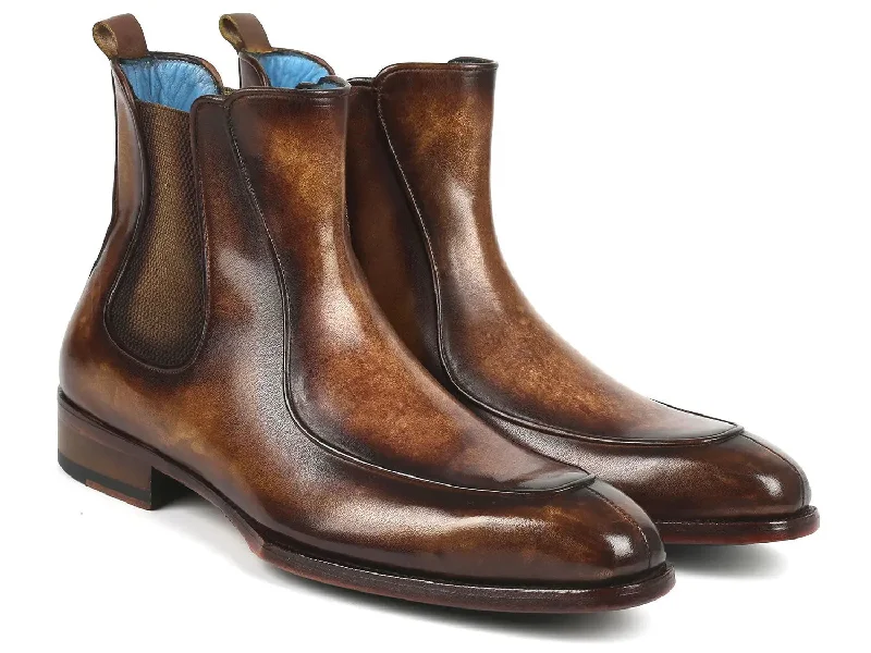 Paul Parkman Men's Handpainted Chelsea Boots Goodyear Welted in Brown