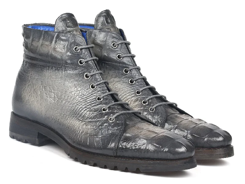 Paul Parkman Men's Croco-Embossed Leather Boots in Gray