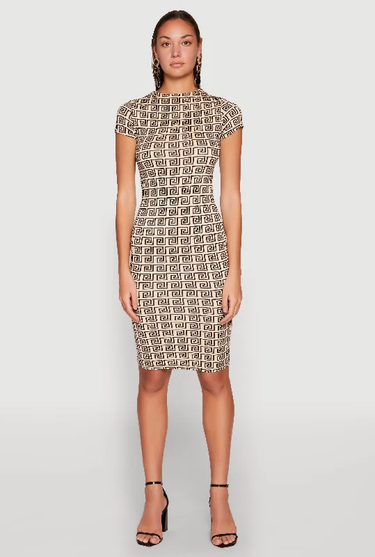 Greek Key Print Short Sleeve Dress