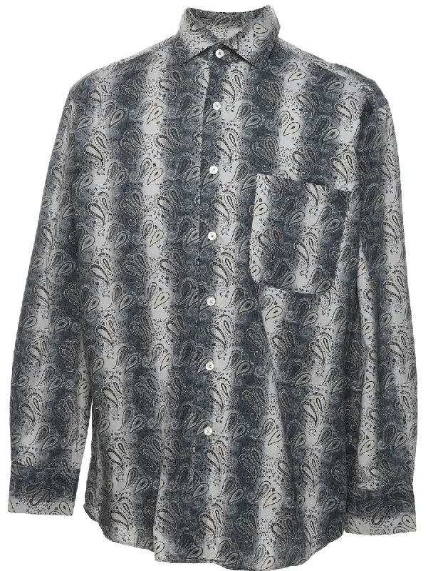 1990s Paisley Print Grey & White Shirt - M