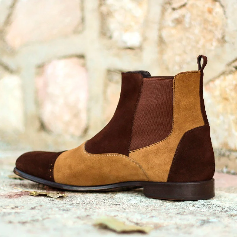 DapperFam Vesuvio in Dark Brown / Camel Men's Lux Suede Chelsea Multi Boot