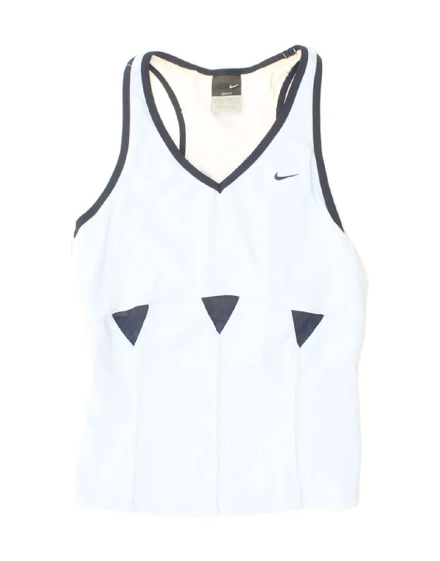 NIKE Womens Dri Fit Crop Vest Top UK 10\12 Medium Blue Geometric