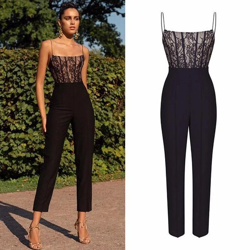 Black Lace Straps Sleeveless Jumpsuits